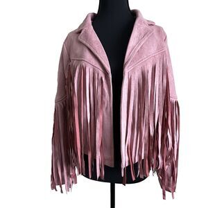 Chartou Womens Faux Suede Fringe Jacket Western Boho Festival Pink Stretch Sz XS